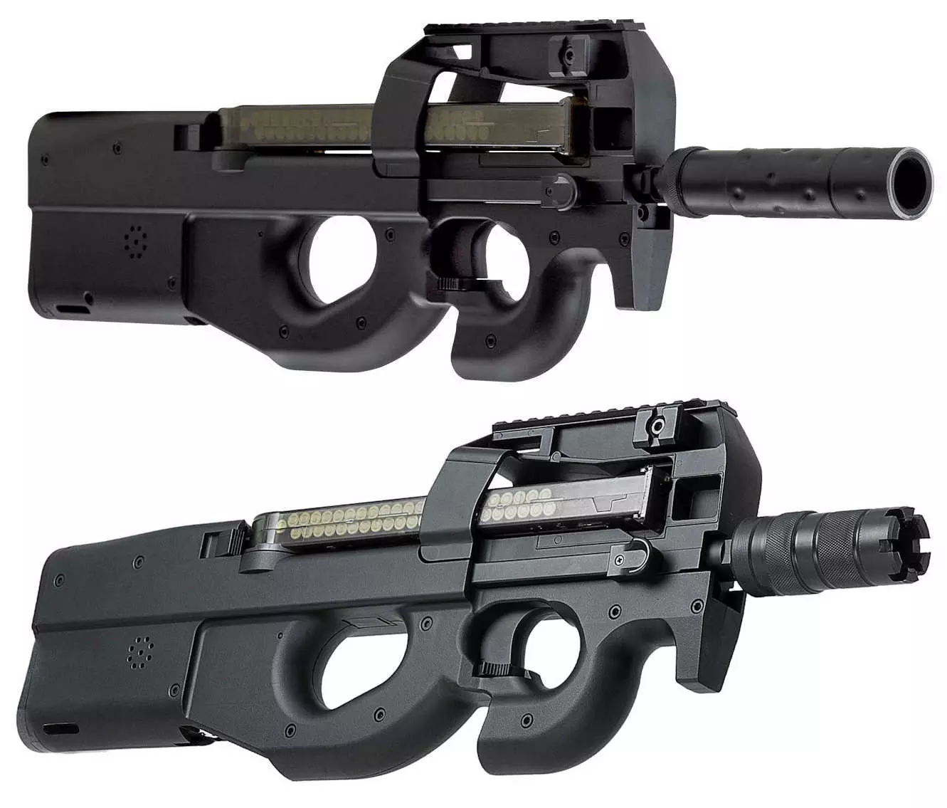 P 90 laser tag SMG front 2 types optics