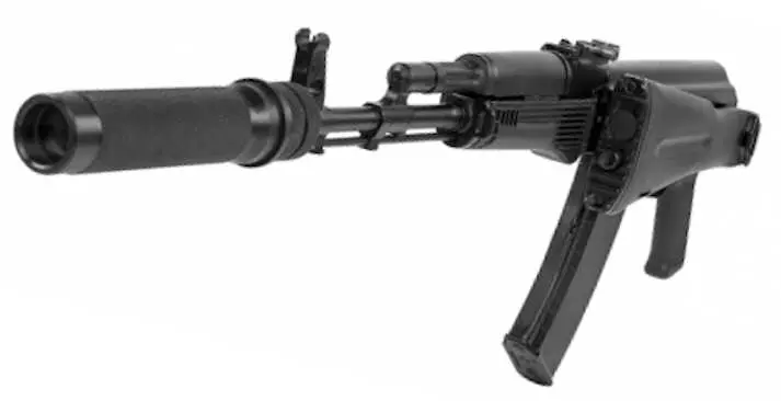AK74 laser tag rifle with a folded buttstock